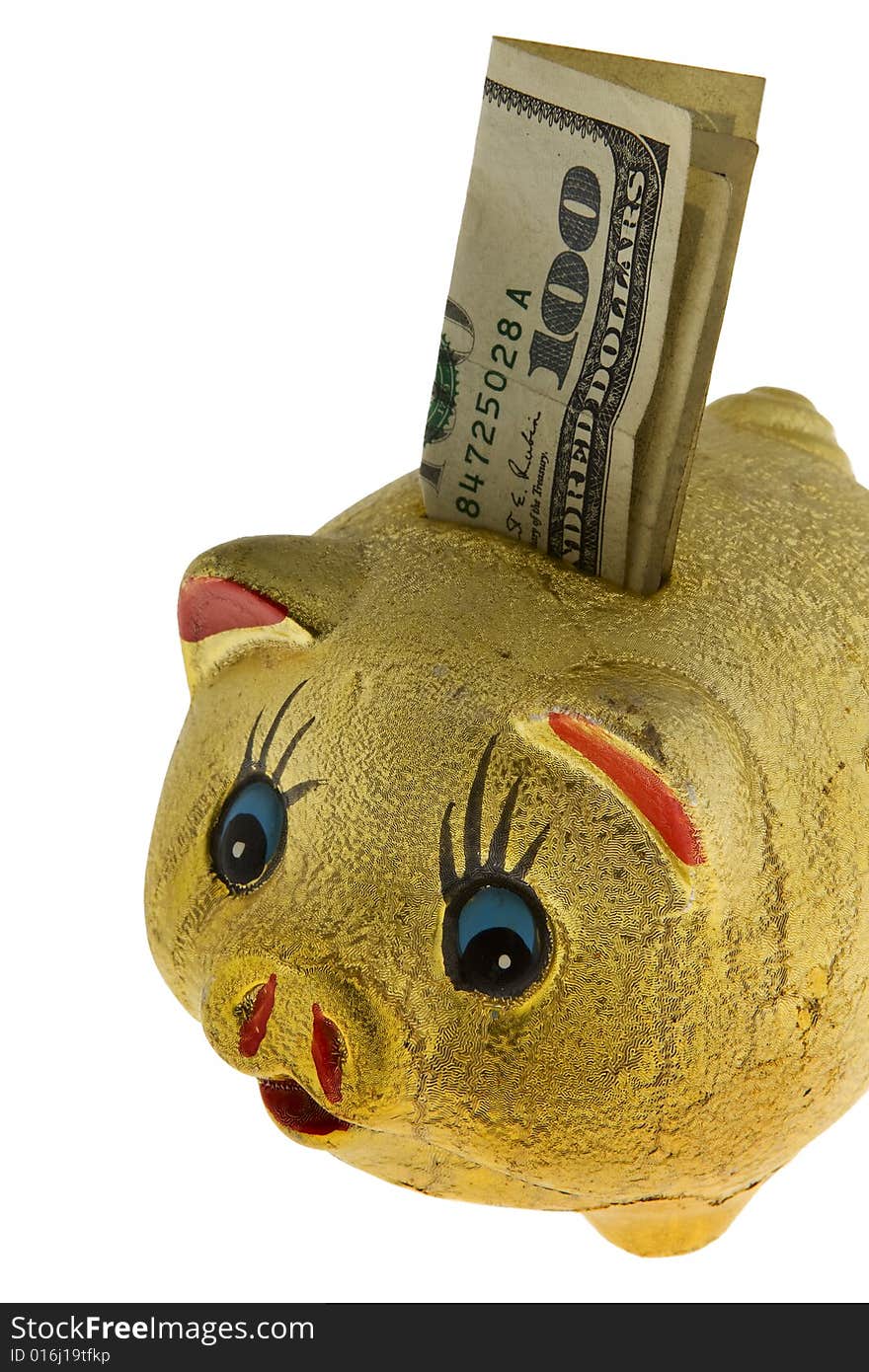 Golden piggy bank with 100 dollar against a white background