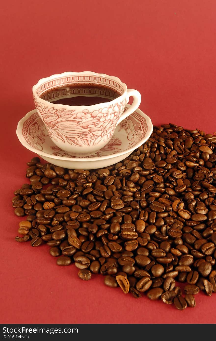 A studio shot series related to coffee - roasted beans with various cups and different backgrounds