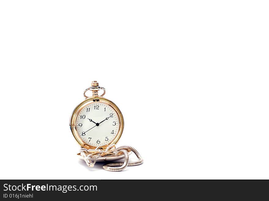 Old pocket clock on white background with chain