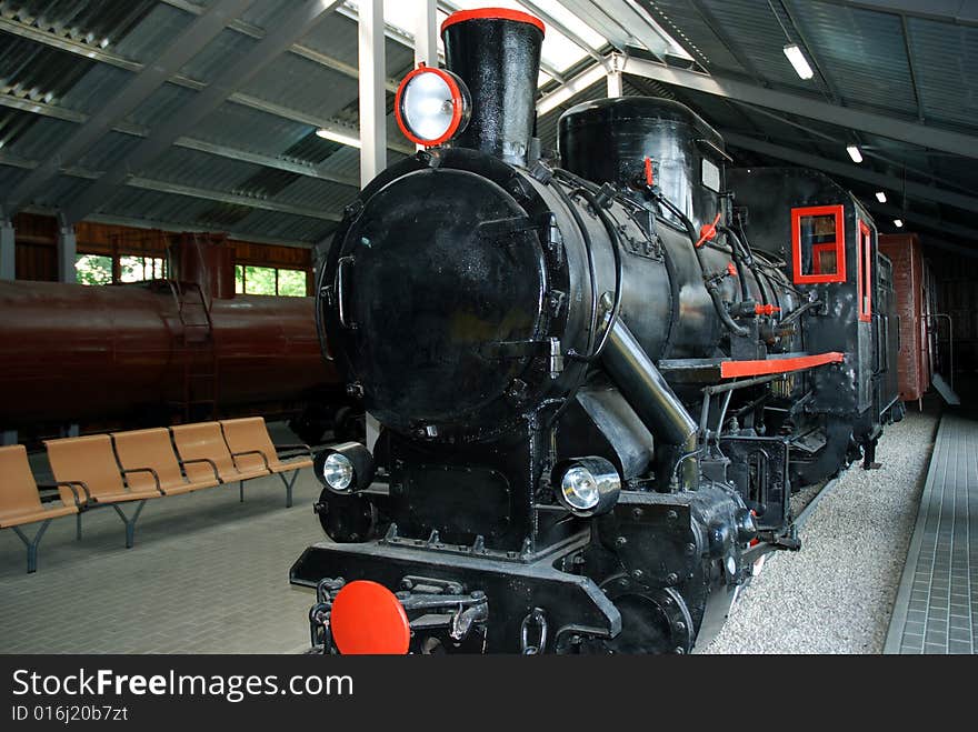 Front of black steam locomotive