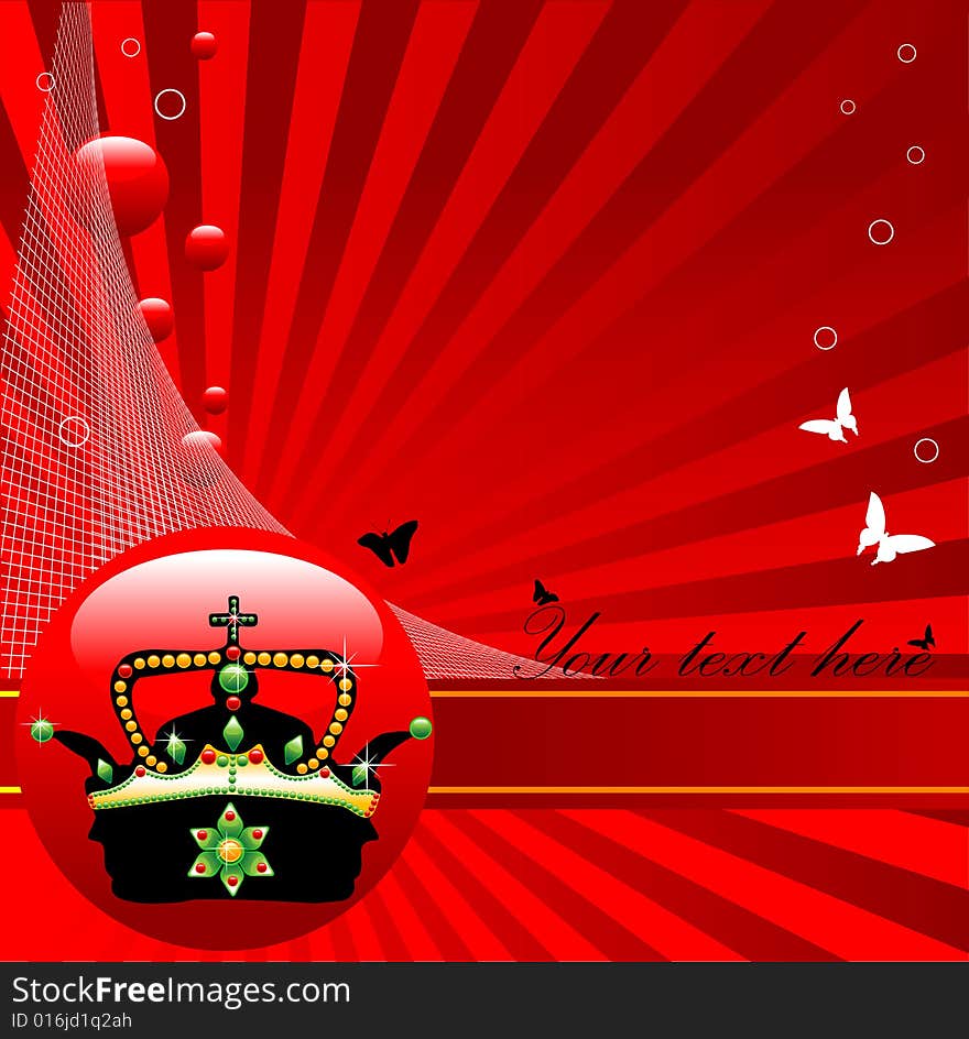 Crown with colorful ornaments, red bubbles and butterfly shapes. Crown with colorful ornaments, red bubbles and butterfly shapes