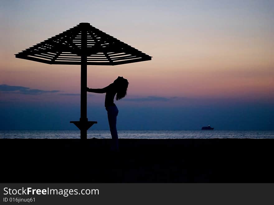 Umbrella And The Girl On A Beach. Evening