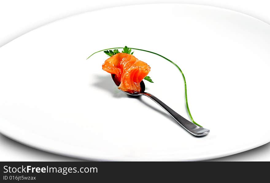 Food Still Life Spoon, Fish and Green. Abstract Flower