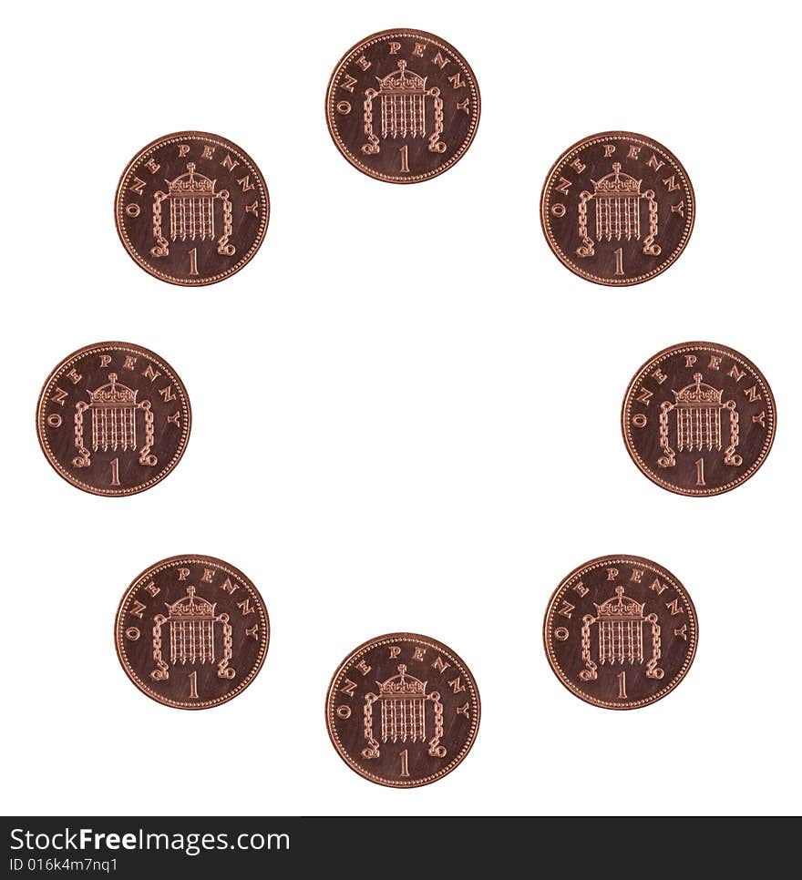 Eight one pence coins in a circle on white background. Eight one pence coins in a circle on white background.