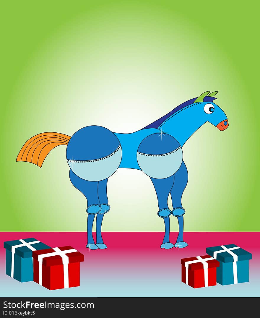 Abstract colorful illustration with blue toy horse and colored gift boxes