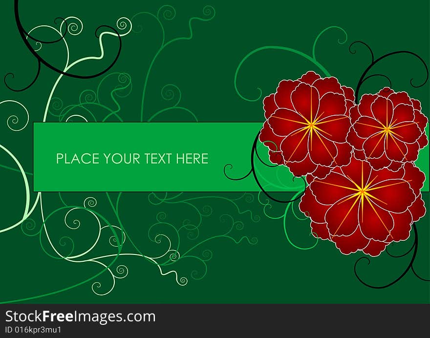 Green floral frame with red flowers for bacgrounds or cards