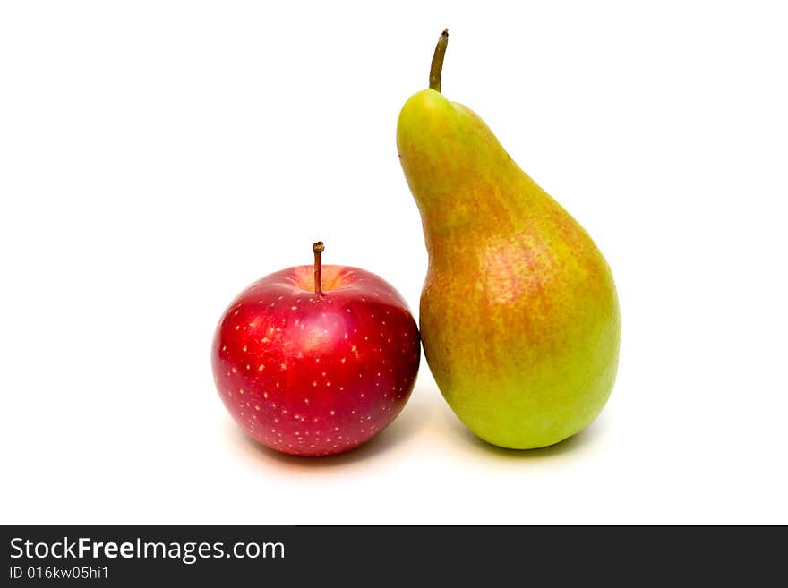 Apple and pear on white background