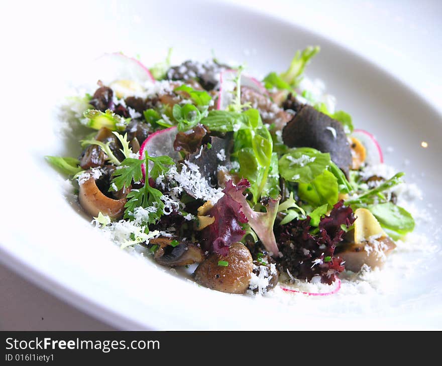 A dish which is contains mushroom, salad and black truffle. A dish which is contains mushroom, salad and black truffle.