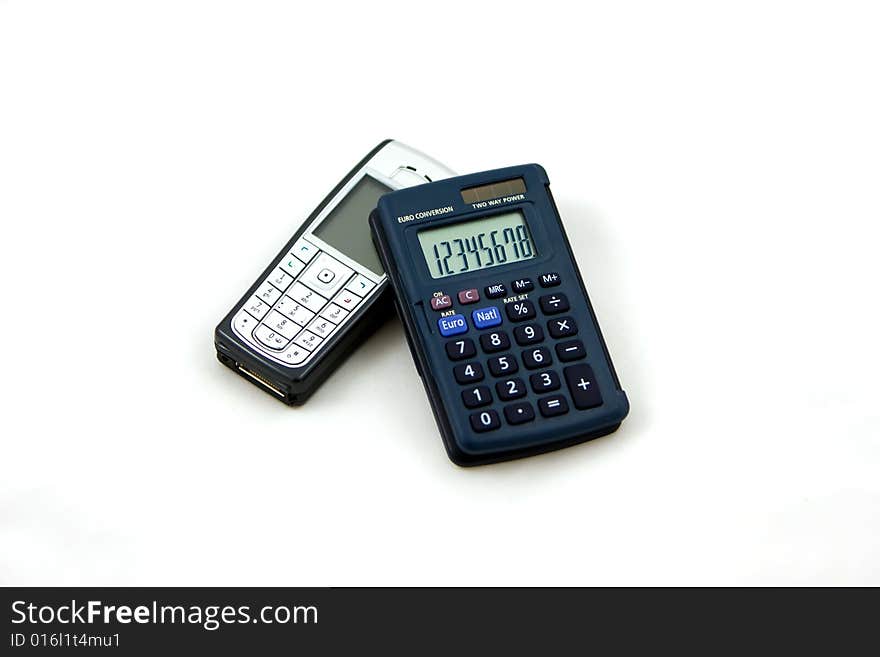 Calculator and cell phone on a white background