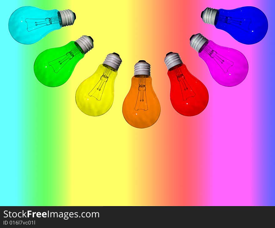 Rainbow colored light bulbs on rainbow background. Rainbow colored light bulbs on rainbow background