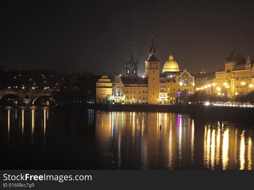 Golden Prague. Night wiev from Strelecky island to Charles bridge and surround. Golden Prague. Night wiev from Strelecky island to Charles bridge and surround.