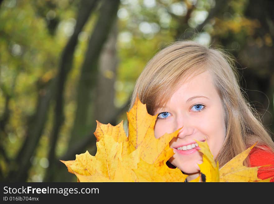 Nice girl with yellow maple's leaves. Nice girl with yellow maple's leaves