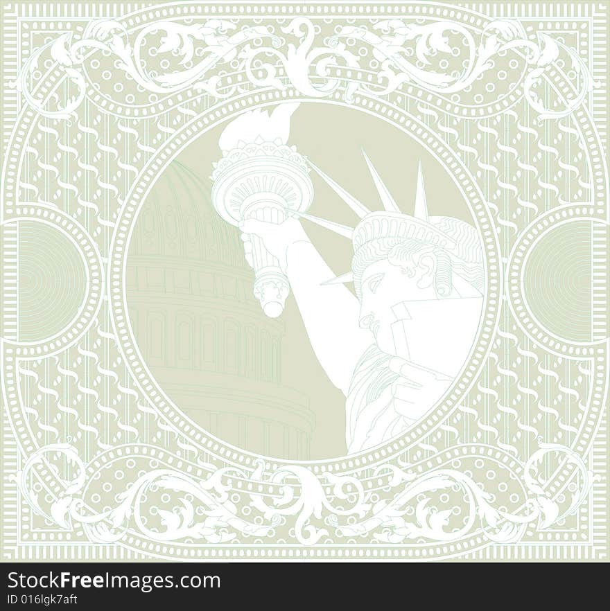 The image of a statue of freedom in a frame of an ornament from dollars