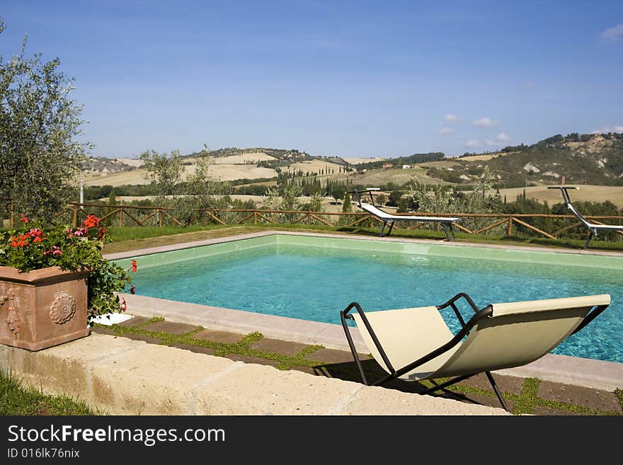 The garden of a luxury country house in the famous Tuscan hills, Italy. Focus on Olive's branch. The garden of a luxury country house in the famous Tuscan hills, Italy. Focus on Olive's branch