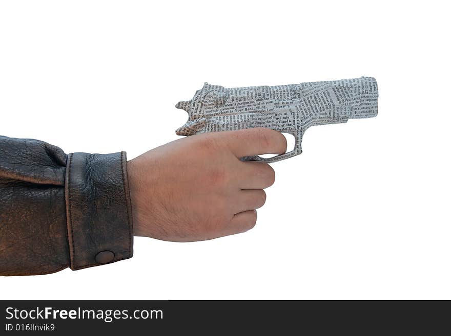 Male hand with newspaper pistol on white background. fake