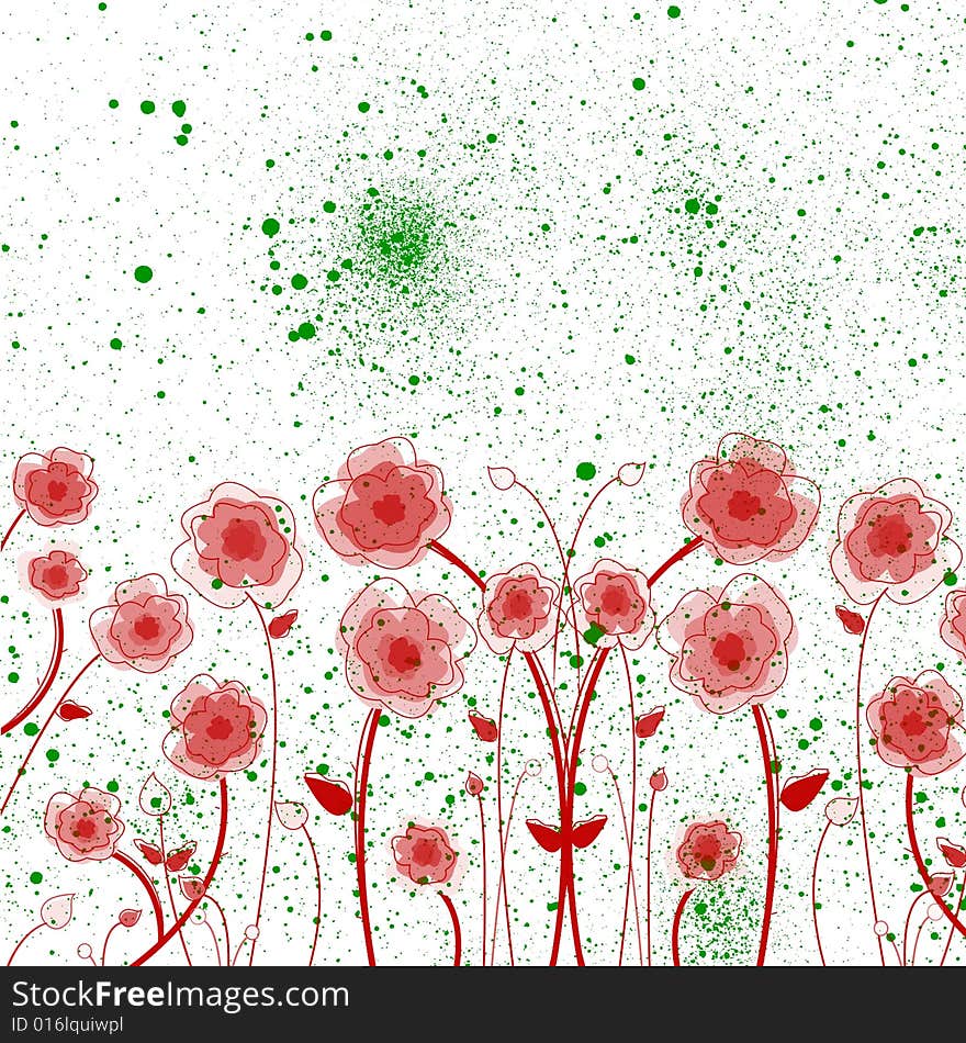 A white background with green ink splatters and red flowers patterns. A white background with green ink splatters and red flowers patterns