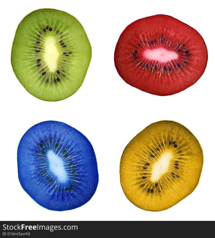 Close up of coloured kiwi slice isolated white background