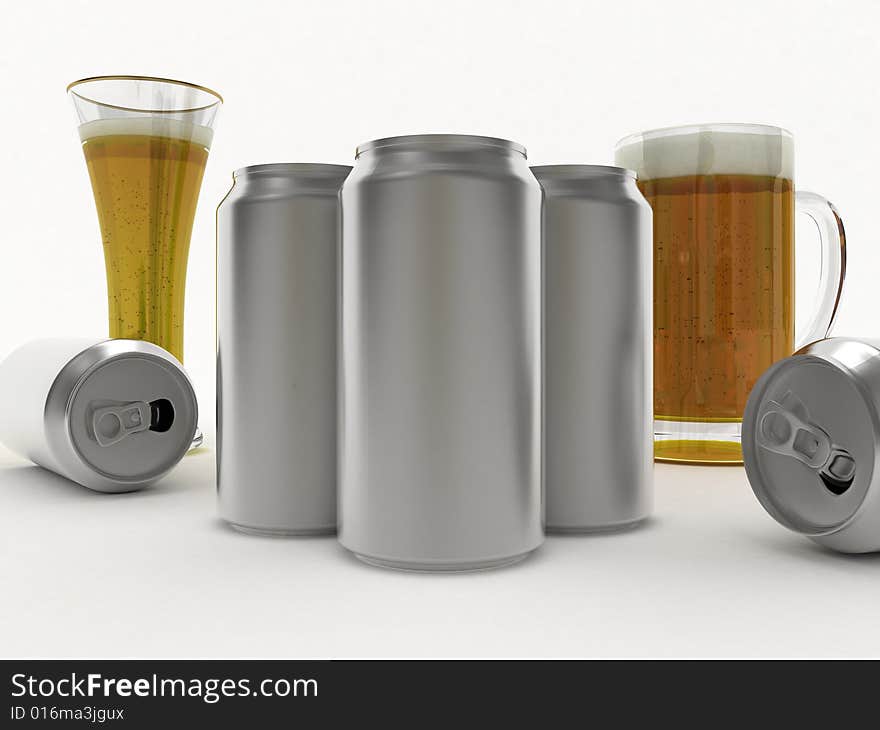 Beer in glass with aluminum banks on white background