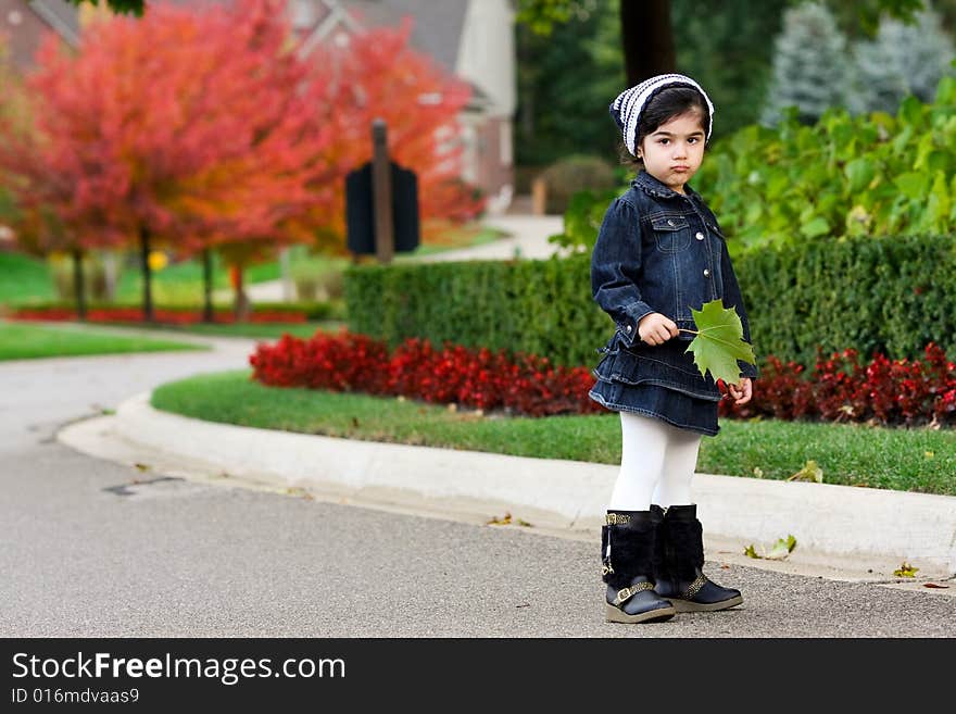 A toddler enjoying the fall in the neighborhood. A toddler enjoying the fall in the neighborhood