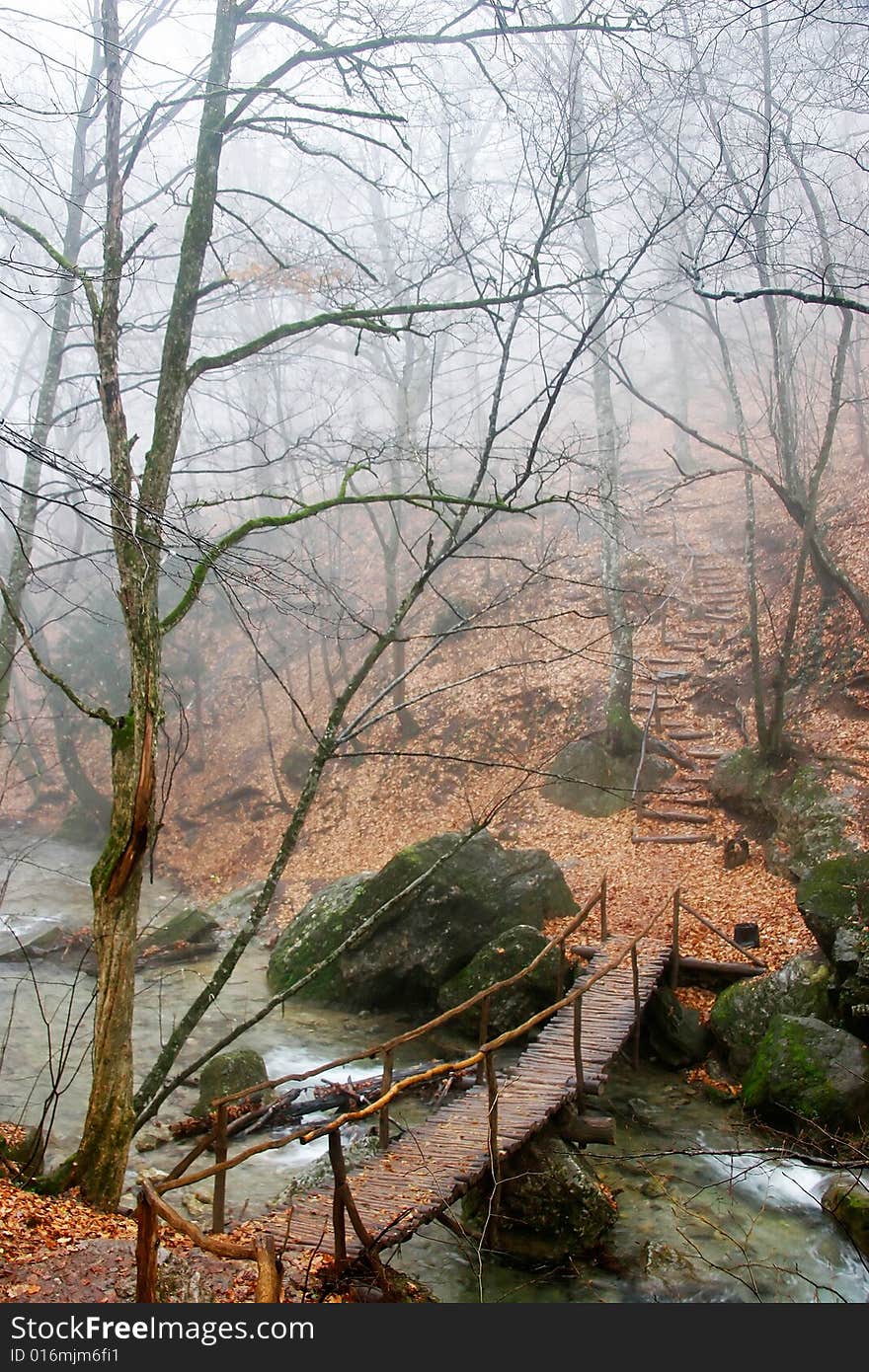 Wooden Bridge Across A Small River