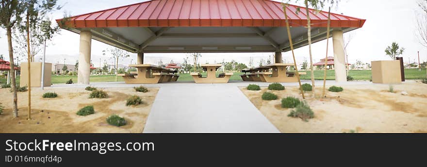 Panoramic of park and picnic tables