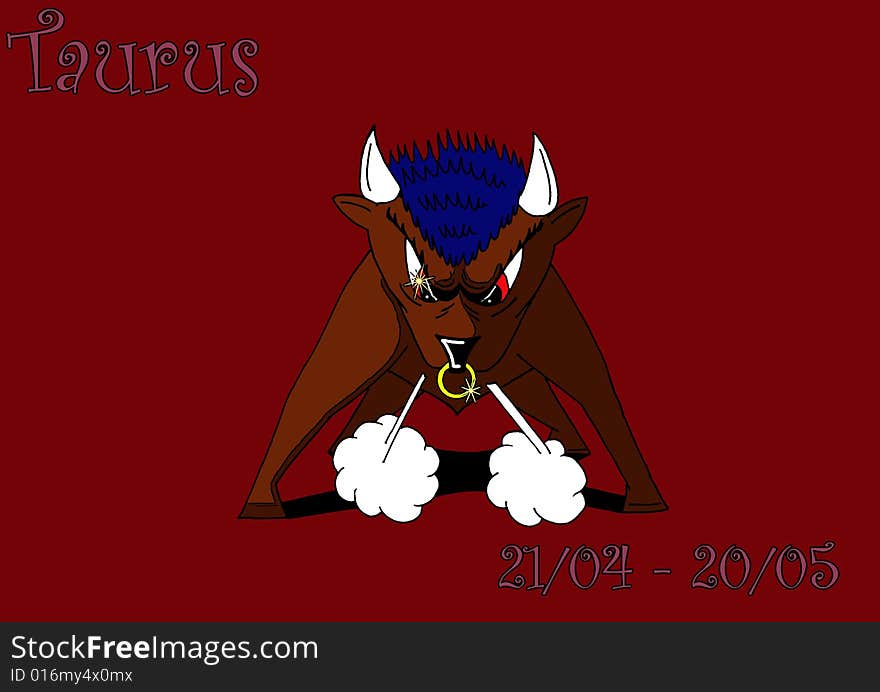 A series of illustrations that represents the zodiacal signs. this illustration represents the sign of taurus through a very anger bull.