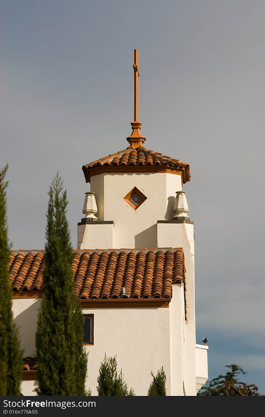 Beautiful Mission style church with tower against blue California sky. Beautiful Mission style church with tower against blue California sky