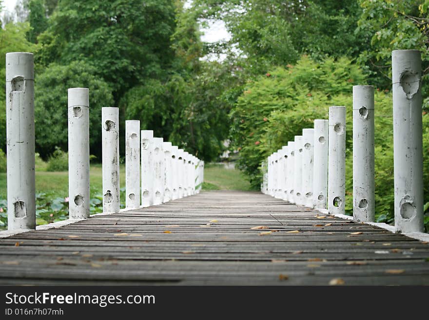 Wood bridge in the park with wide angel camera