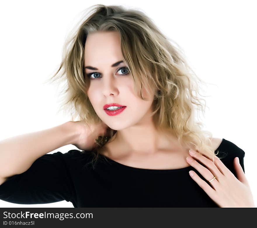 Portrait of the blonde with blue eye on white background