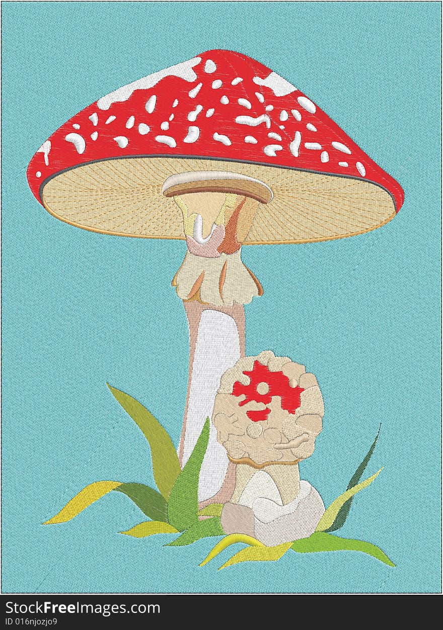 Fly Agaric In A Grass On A Blue Background