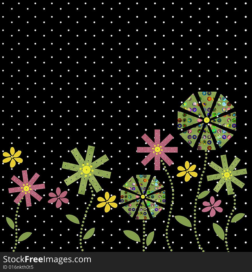 Funky flower border on black background with white spots