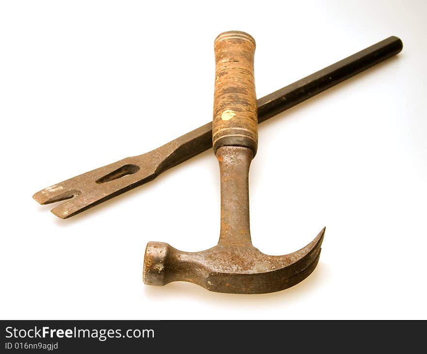 Old tools hammer and pry bar for construction