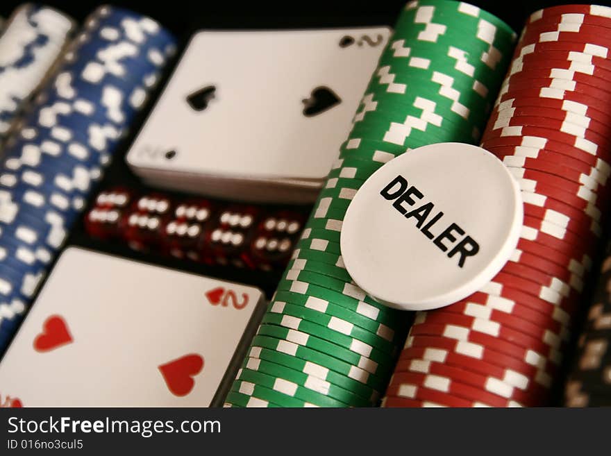 Poker chips, dice, cards, dealar chip. Poker chips, dice, cards, dealar chip