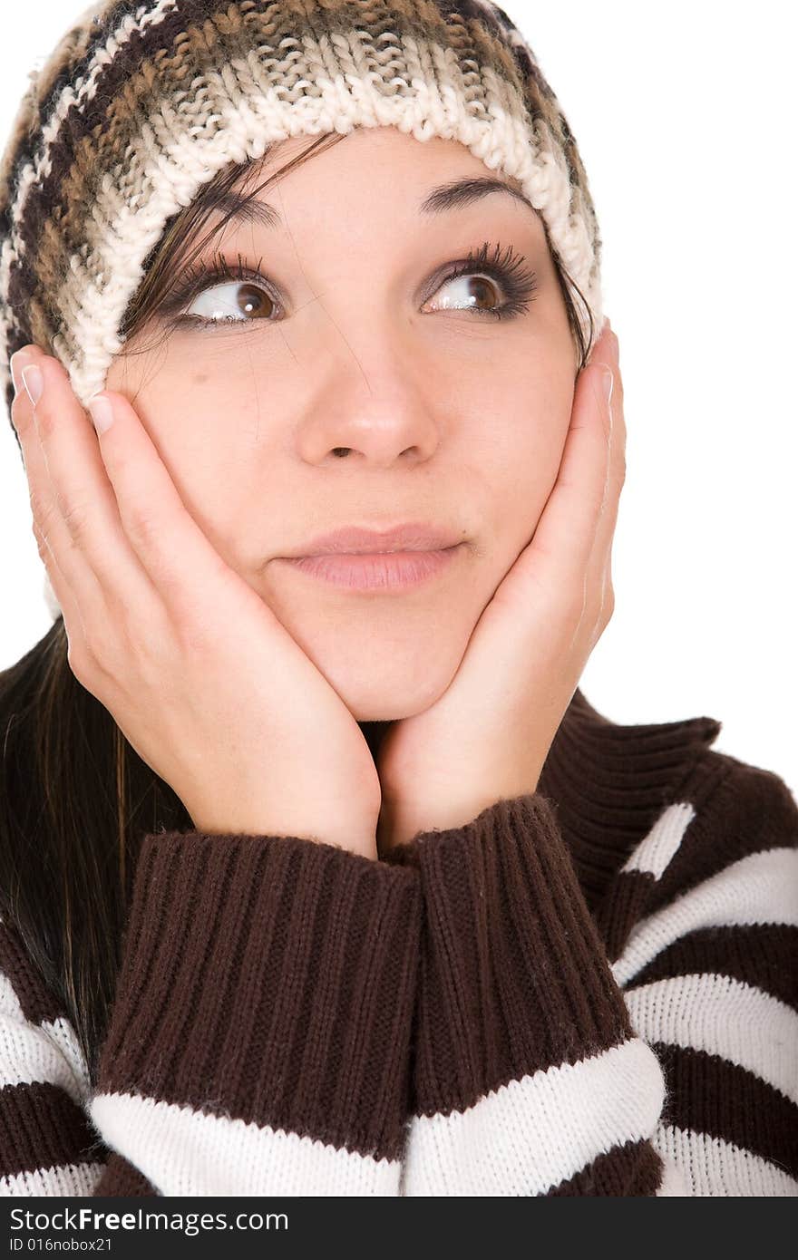 Attractive brunette winter woman. Over white background