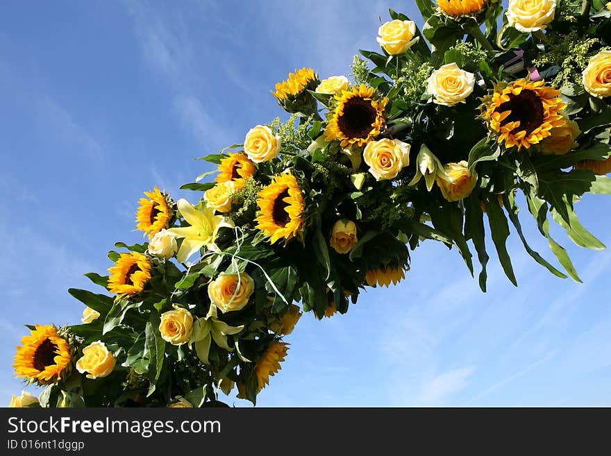 Sunflowers and roses against the blue sky. Sunflowers and roses against the blue sky