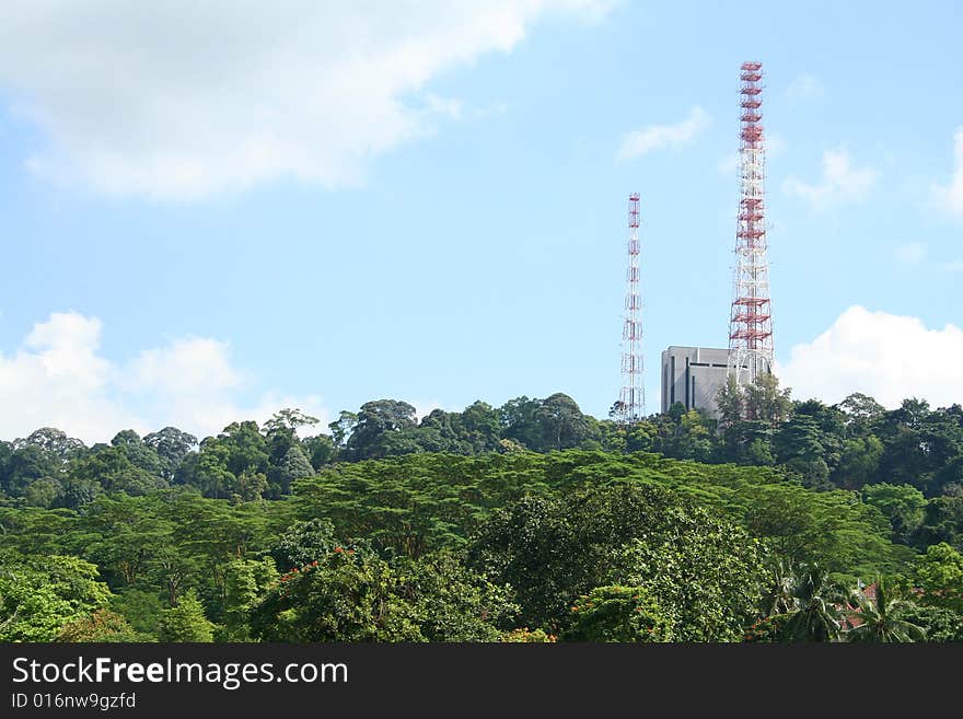 Jungle, a tropical climate forest with a radio tower