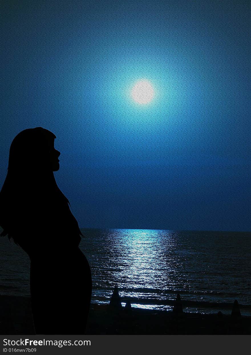 A wonderful illustration of a woman that looks at the sunset blue on the sea. A wonderful illustration of a woman that looks at the sunset blue on the sea