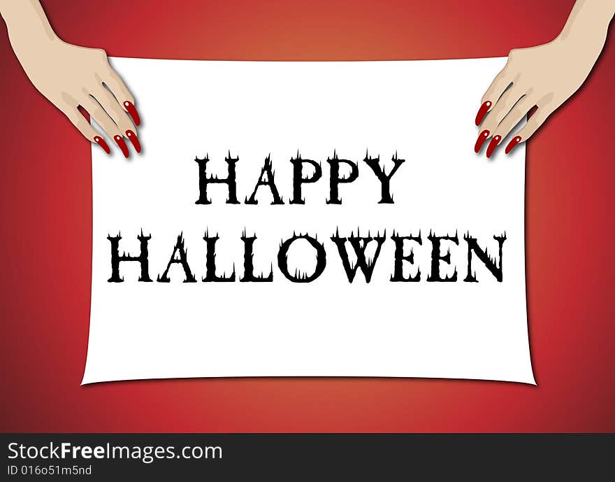 Illustration of female hands holding halloween sign. Illustration of female hands holding halloween sign