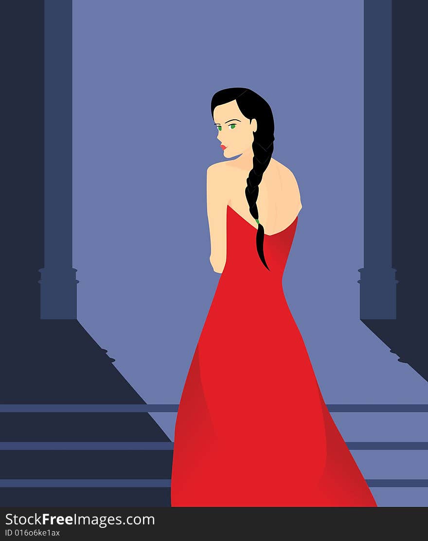 A woman with braids wearing a red evening gown standing on steps looking over her shoulder in front of an entrance. A woman with braids wearing a red evening gown standing on steps looking over her shoulder in front of an entrance