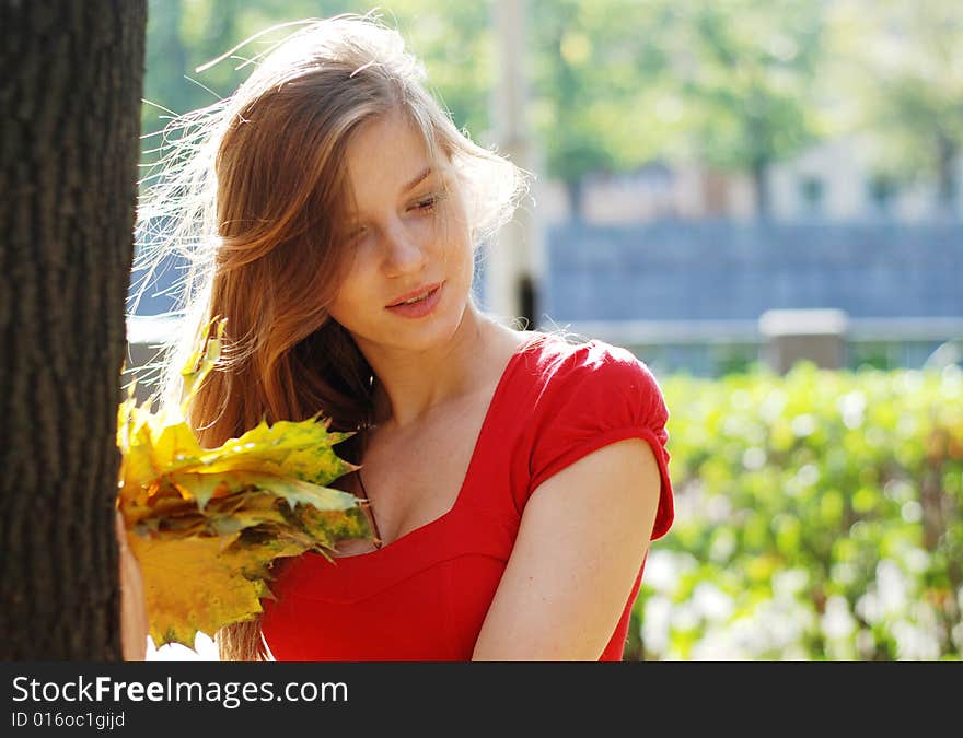 Young happy beautiful woman in red with yellow maple  leaves. Young happy beautiful woman in red with yellow maple  leaves