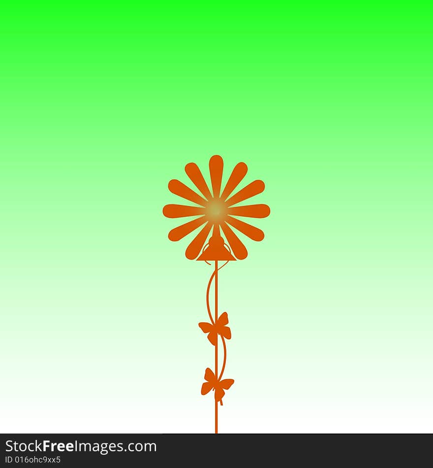 A green fluo background with a fluorescent stylised orange flower. A green fluo background with a fluorescent stylised orange flower