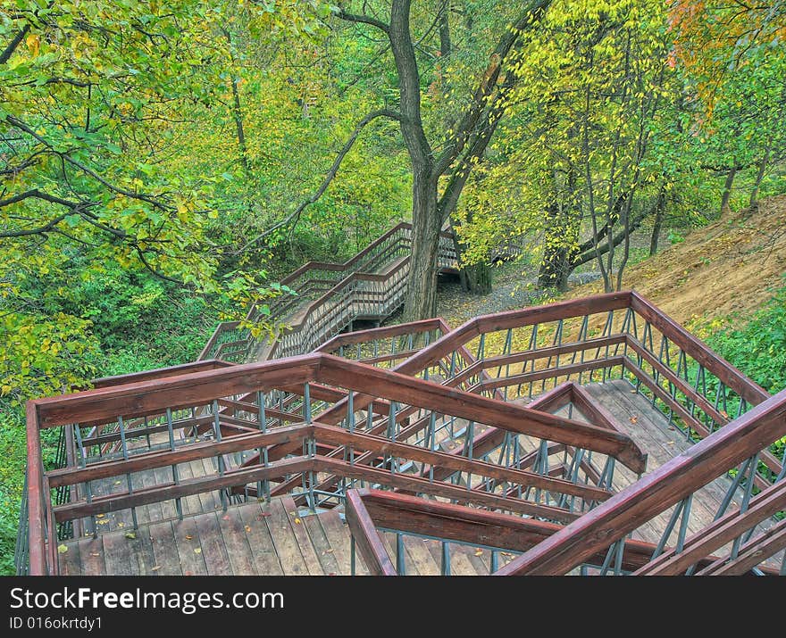 Stair in autumn park. Good weather. hdri.