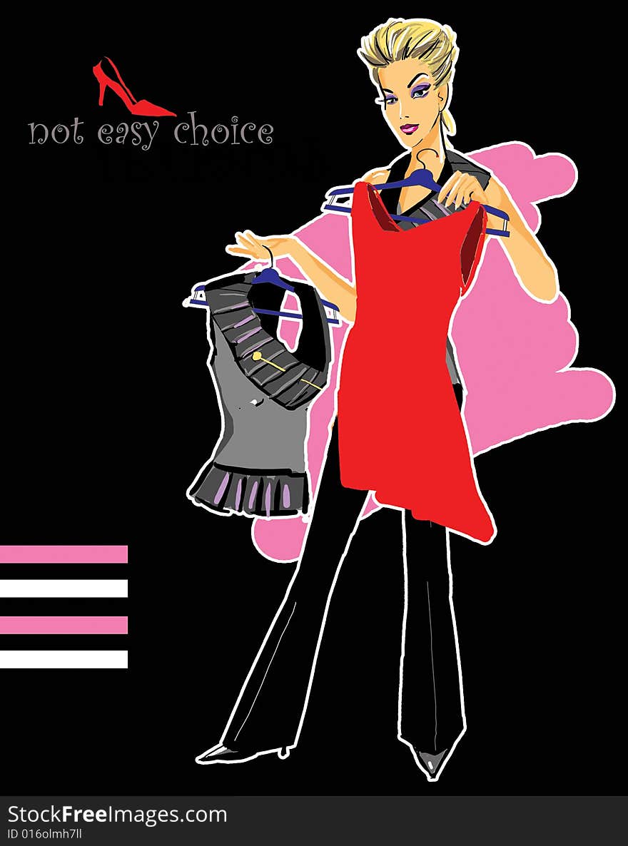 The art raster illustration of the fancy woman that choose the red dress. The art raster illustration of the fancy woman that choose the red dress