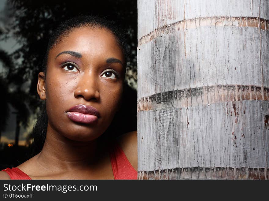 Female posing by a tree bark. Female posing by a tree bark