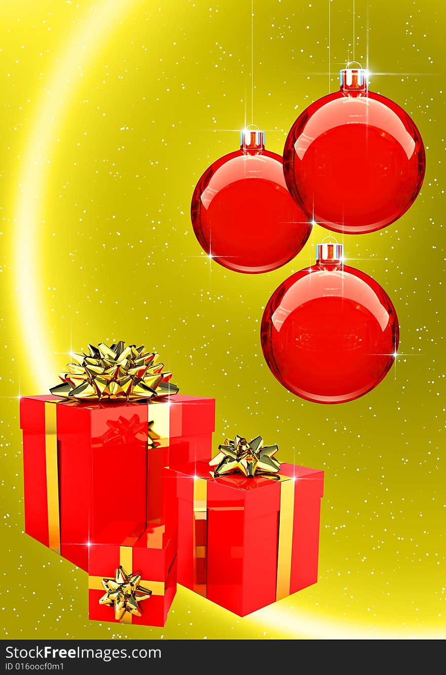 Red Christmas balls with gift boxes set