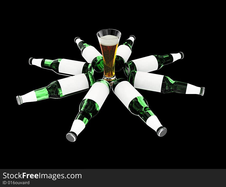 Beer bottles with blank labels and beer in glass on black background