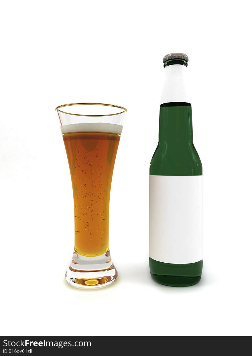 Beer in glass on white background and beer bottle with blank label. Beer in glass on white background and beer bottle with blank label