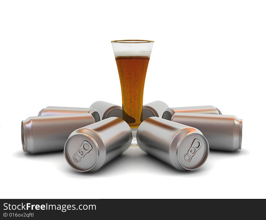 Beer in glass and aluminum banks on white background