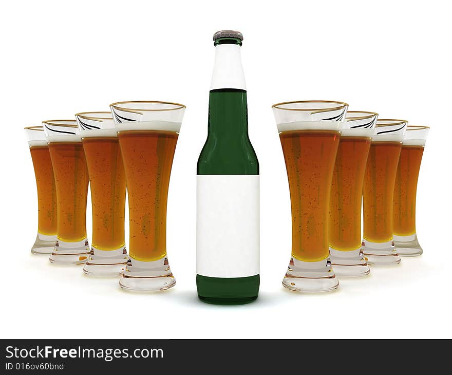 Beer in glass on white background and beer bottle with blank label. Beer in glass on white background and beer bottle with blank label