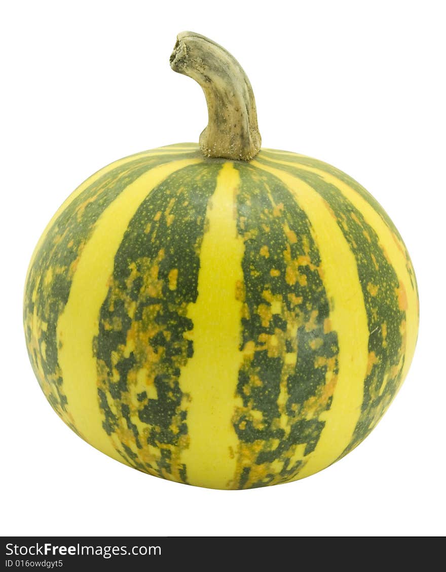 Nice decorative yellow pumpkin with green stripes isolated over white with clipping path